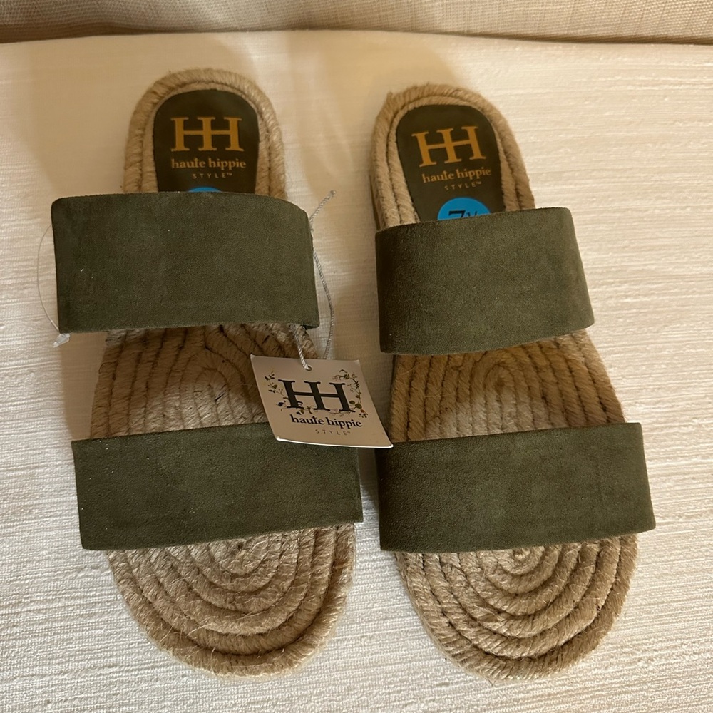 HH HAUTE HIPPIE Nori Olive Green Strappy Slip-on Sandal Jute Flats 7.5 M NWOB